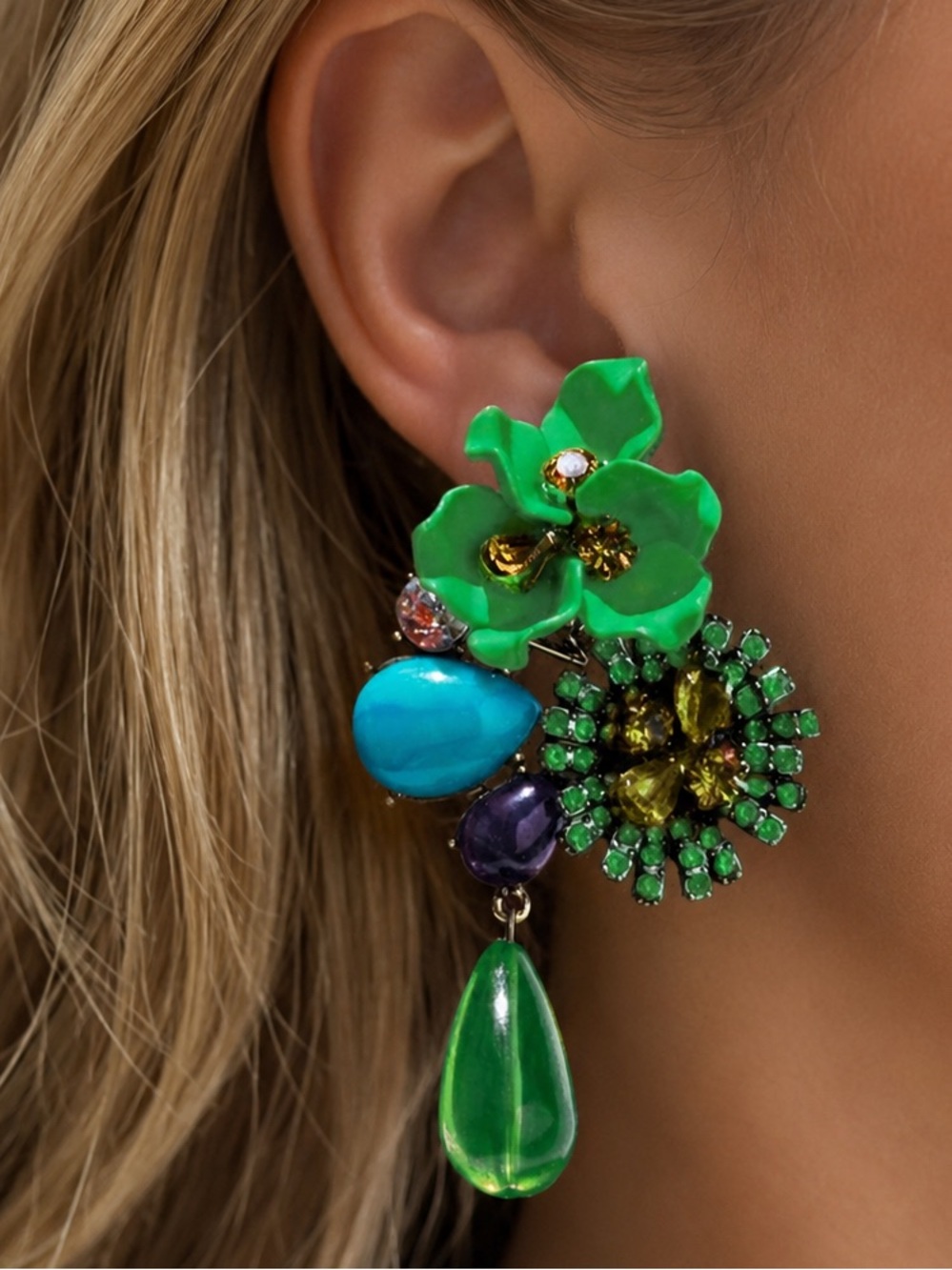 Zara Green Floral Drop Earrings with Turquoise & Amethyst Accents